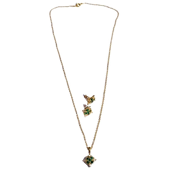 Vintage Emerald Green & Rhinestone Flower Pendant Necklace & Stud Earrings Set - Picture 6 of 8